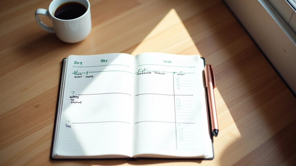 Cahier ouvert sur un bureau avec un stylo et une tasse de café